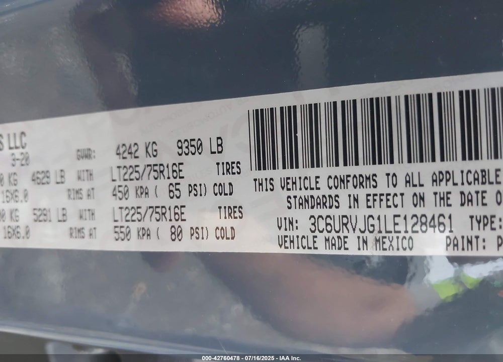 2020 RAM PROMASTER 3500 CARGO VAN HIGH ROOF 159 WB EXT VIN: 3C6URVJG1LE128461