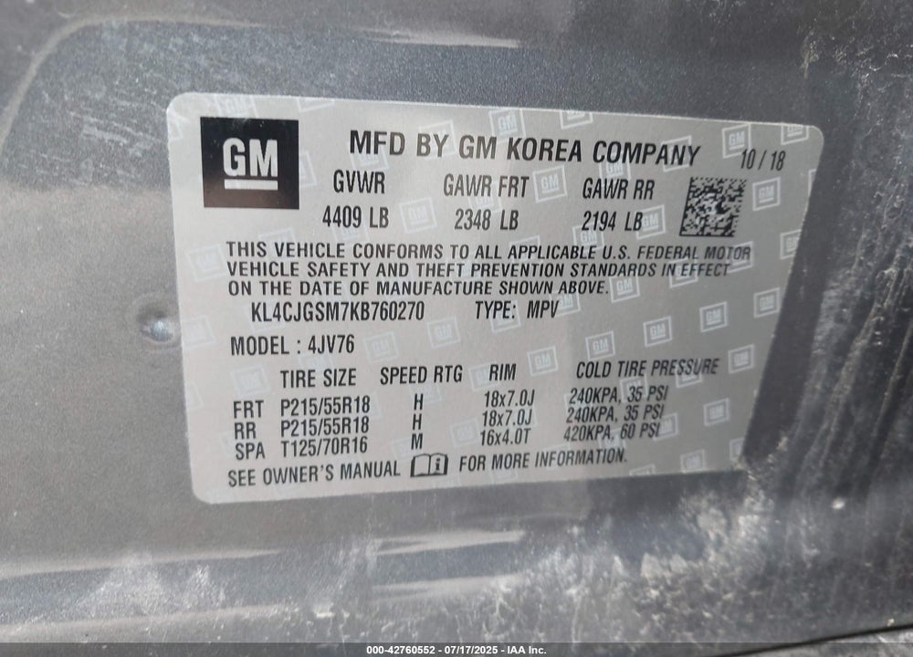 2019 BUICK ENCORE VIN: KL4CJGSM7KB760270