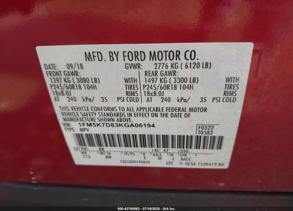 2019 FORD EXPLORER VIN: 1FM5K7D83KGA06194