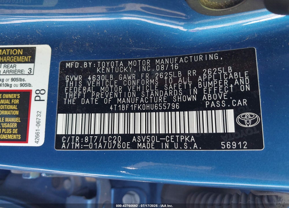 2017 TOYOTA CAMRY XSE VIN: 4T1BF1FK0HU655796