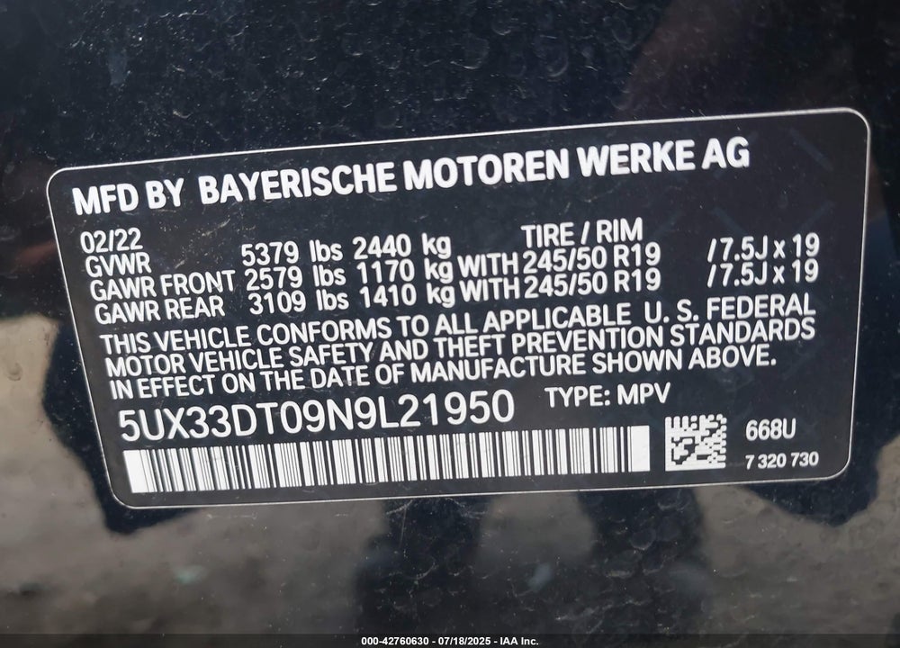 2022 BMW X4 VIN: 5UX33DT09N9L21950