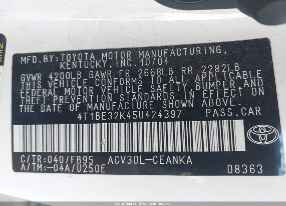 2005 TOYOTA CAMRY LE VIN: 4T1BE32K45U424397