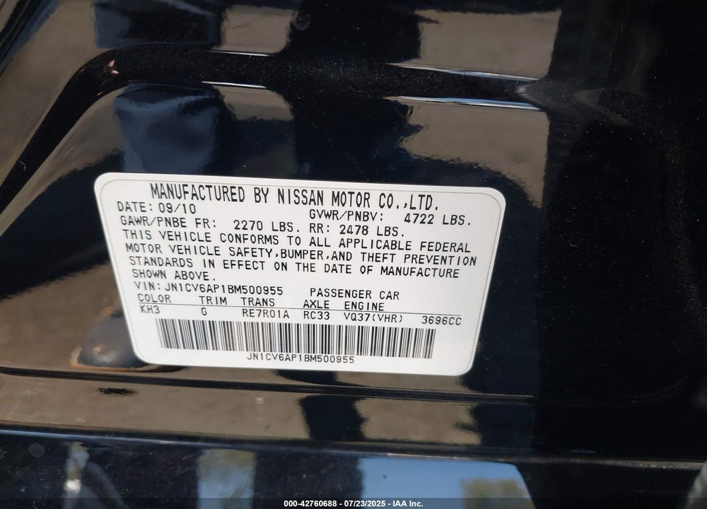 2011 INFINITI G37 VIN: JN1CV6AP1BM500955