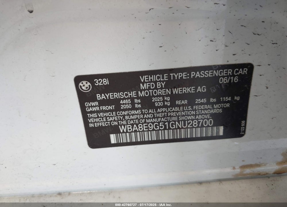 2016 BMW 3 SERIES VIN: WBA8E9G51GNU28700