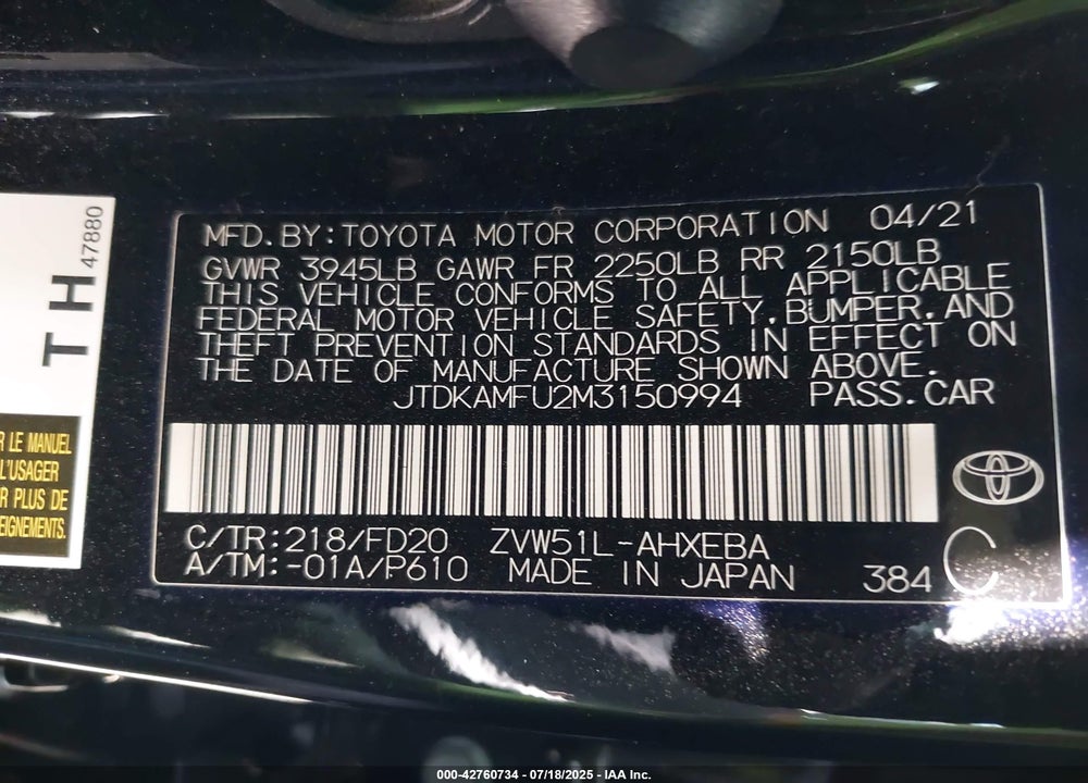 2021 TOYOTA PRIUS VIN: JTDKAMFU2M3150994