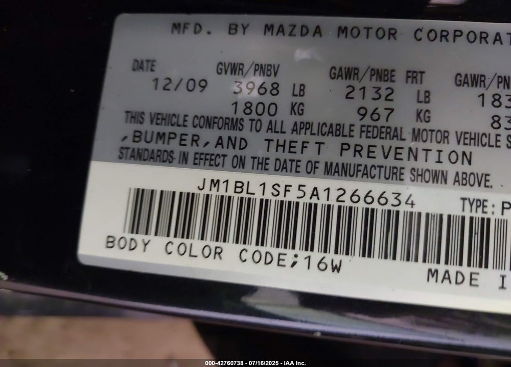 2010 MAZDA 3 I TOURING VIN: JM1BL1SF5A1266634