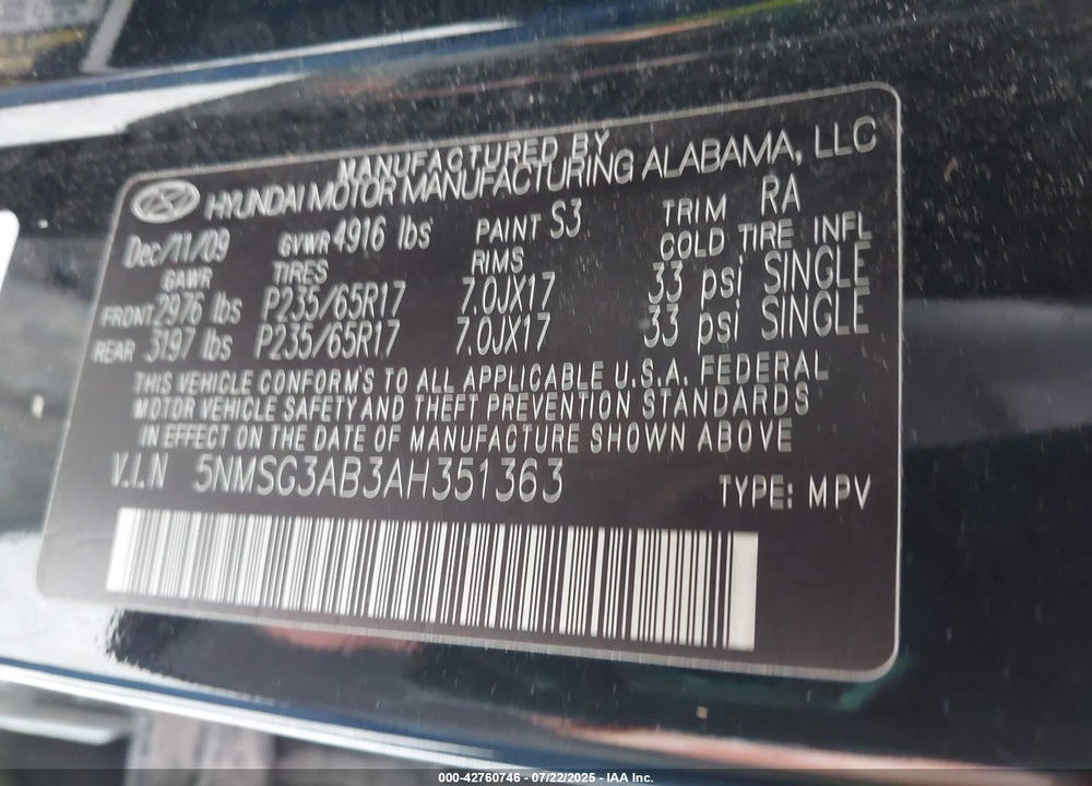 2010 HYUNDAI SANTA FE VIN: 5NMSG3AB3AH351363