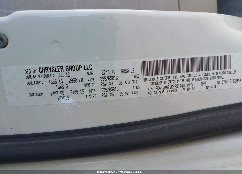 2012 VOLKSWAGEN ROUTAN S VIN: 2C4RVAAG1CR391440