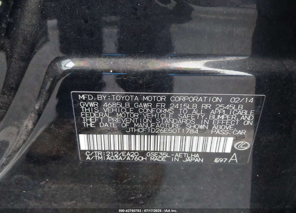 2014 LEXUS IS 250 VIN: JTHCF1D26E5011784