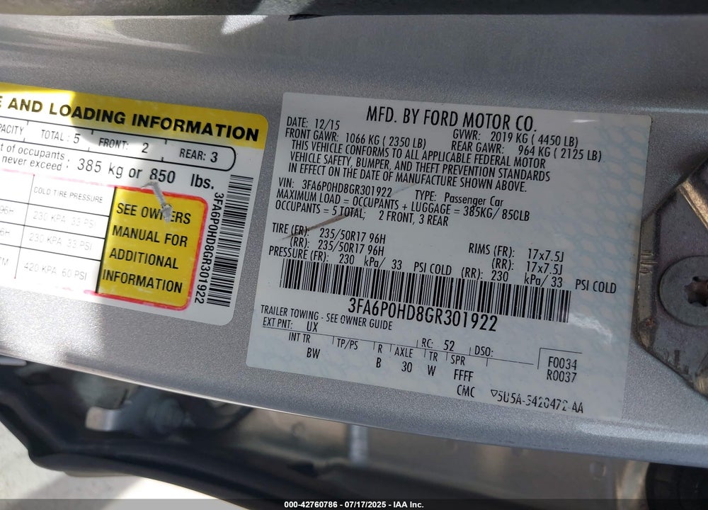 2016 FORD FUSION VIN: 3FA6P0HD8GR301922