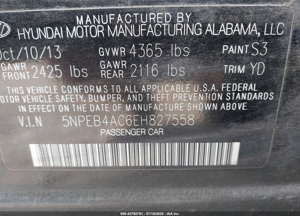 2014 HYUNDAI SONATA VIN: 5NPEB4AC6EH827558