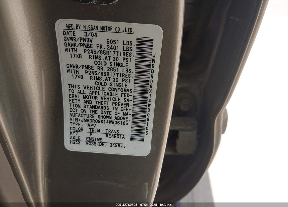 2004 NISSAN PATHFINDER LE PLATINUM VIN: JN8DR09X14W806105