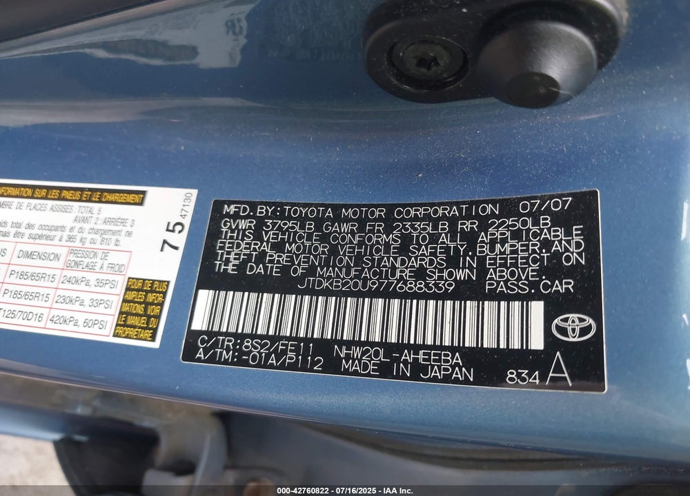 2007 TOYOTA PRIUS VIN: JTDKB20U977688339
