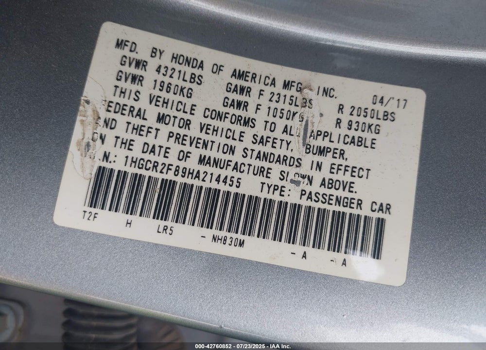 2017 HONDA ACCORD VIN: 1HGCR2F89HA214455
