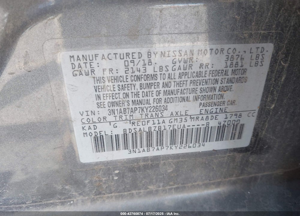 2019 NISSAN SENTRA VIN: 3N1AB7AP7KY226034