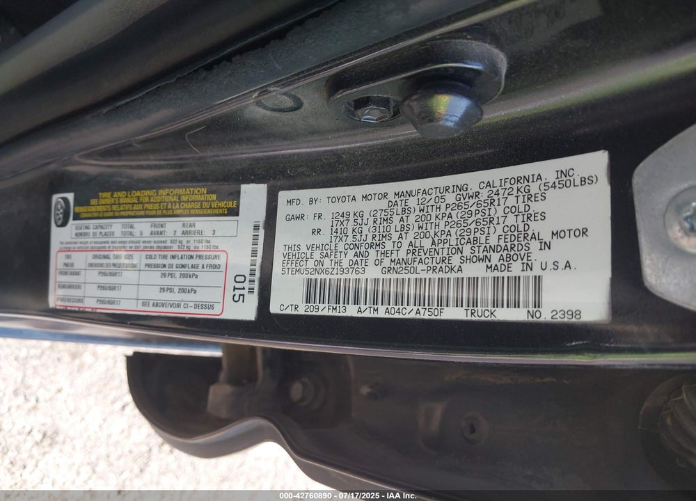 2006 TOYOTA TACOMA VIN: 5TEMU52NX6Z193763