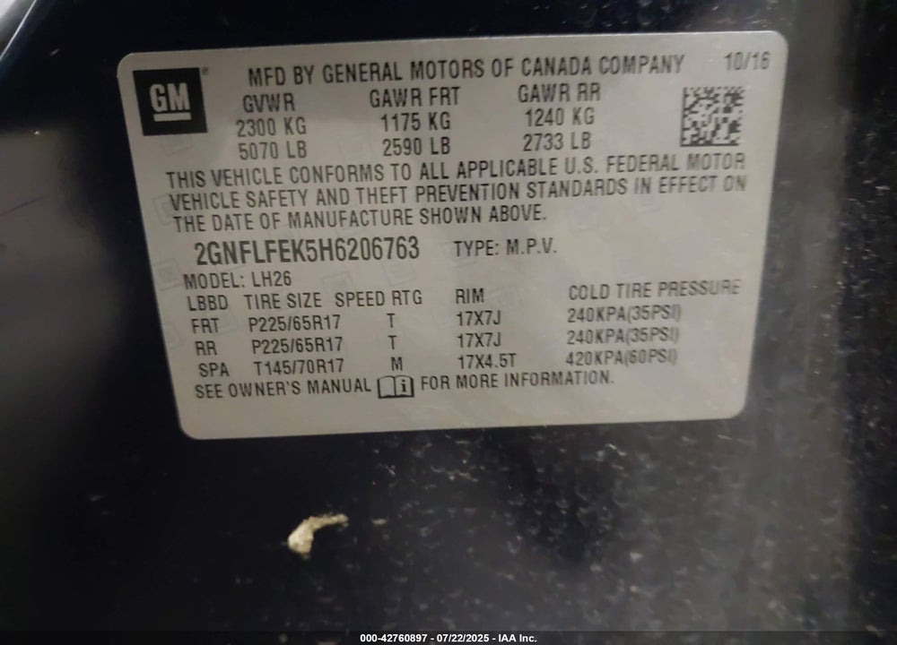 2017 CHEVROLET EQUINOX LT VIN: 2GNFLFEK5H6206763