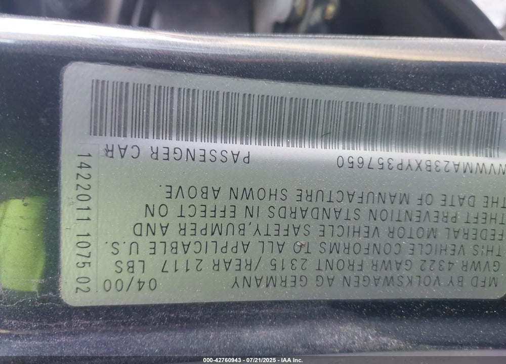 2000 VOLKSWAGEN PASSAT GLS VIN: WVWMA23BXYP357650