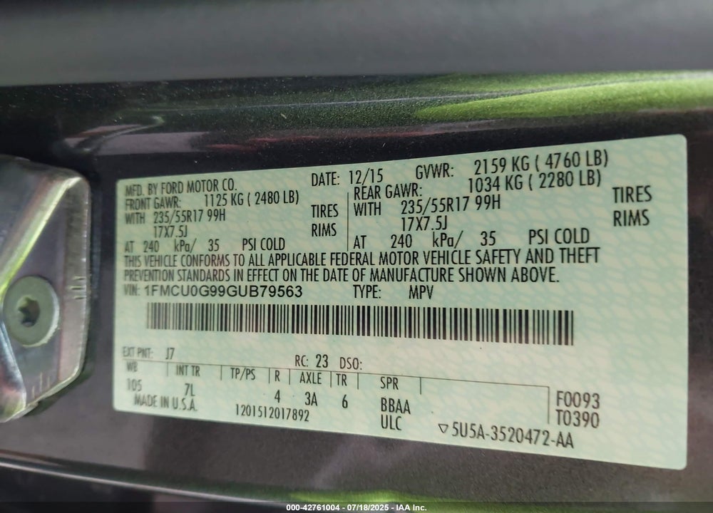 2016 FORD ESCAPE VIN: 1FMCU0G99GUB79563