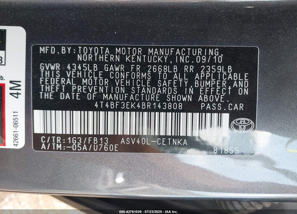 2011 TOYOTA CAMRY VIN: 4T4BF3EK4BR143808