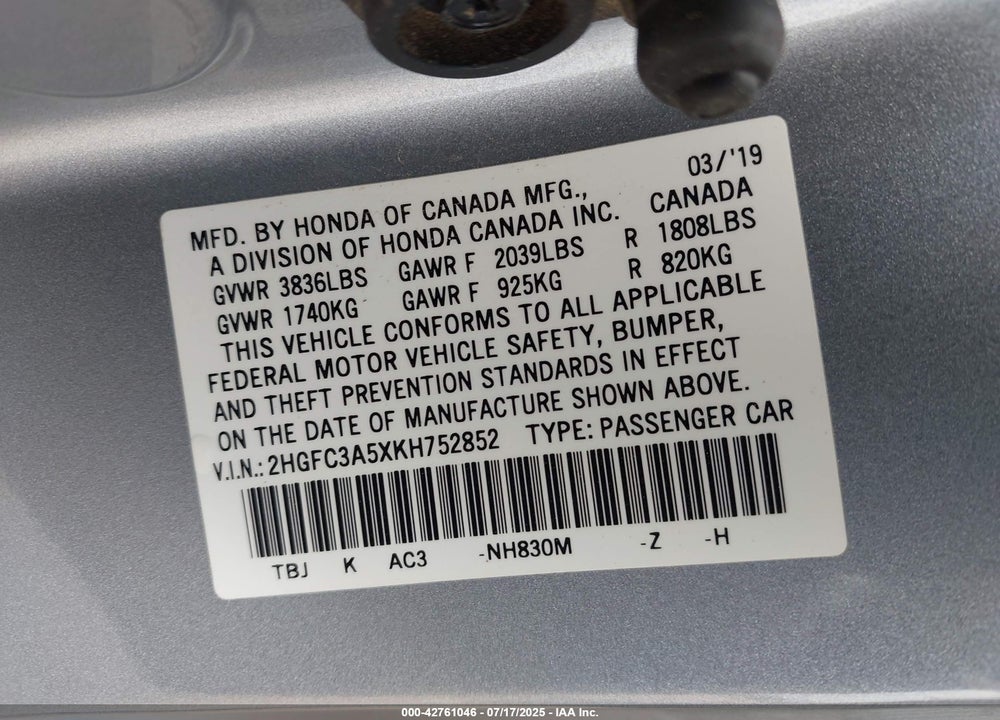 2019 HONDA CIVIC SI VIN: 2HGFC3A5XKH752852
