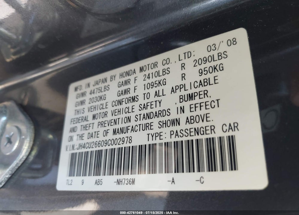 2009 ACURA TSX VIN: JH4CU26609C002978