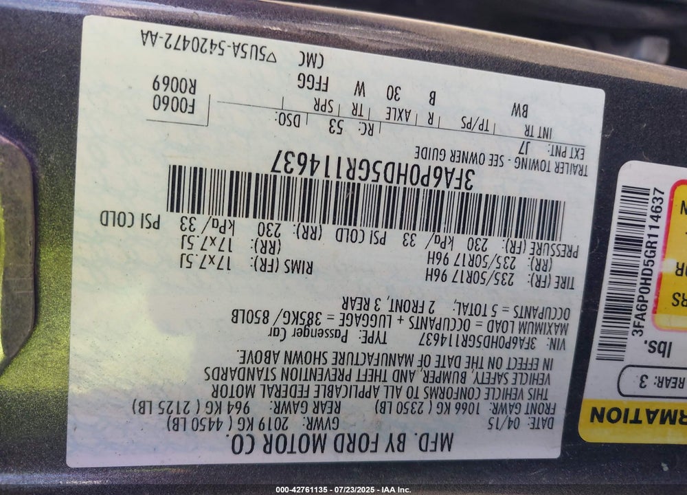 2016 FORD FUSION VIN: 3FA6P0HD5GR114637