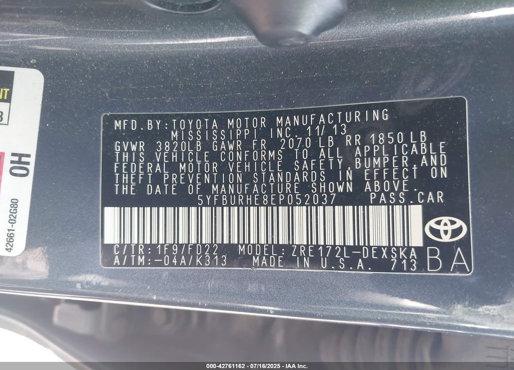 2014 TOYOTA COROLLA VIN: 5YFBURHE8EP052037