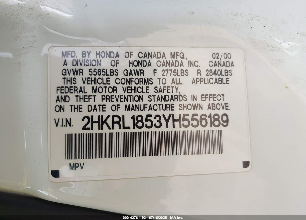2000 HONDA ODYSSEY LX VIN: 2HKRL1853YH556189