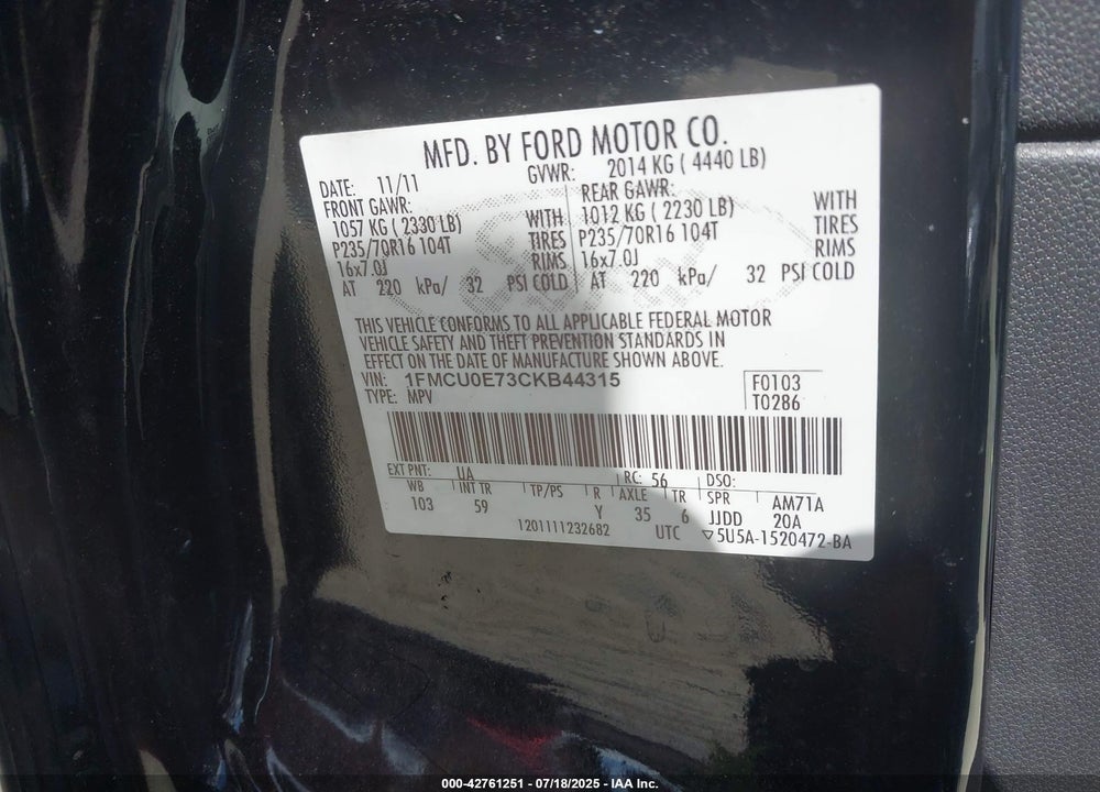 2012 FORD ESCAPE VIN: 1FMCU0E73CKB44315