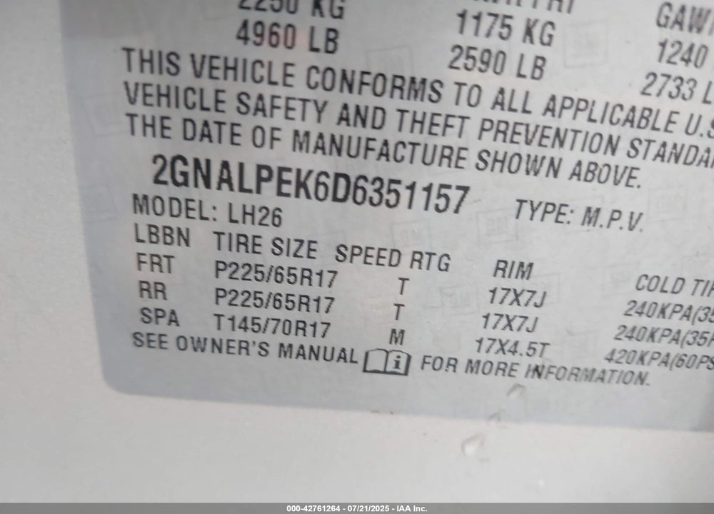 2013 CHEVROLET EQUINOX VIN: 2GNALPEK6D6351157