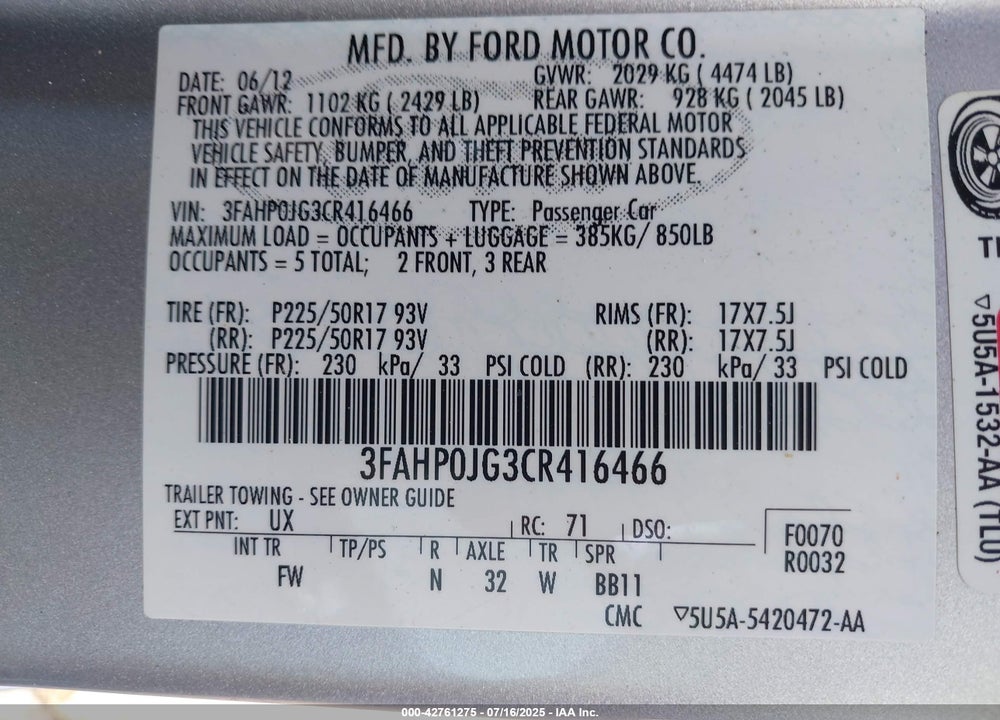 2012 FORD FUSION SEL VIN: 3FAHP0JG3CR416466