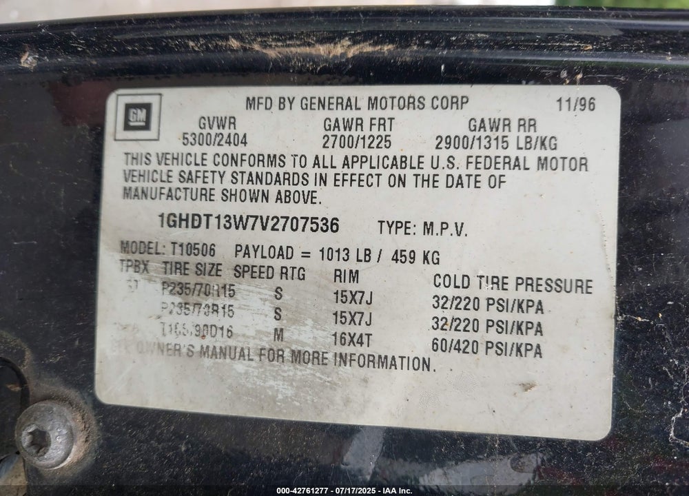 1997 OLDSMOBILE BRAVADA VIN: 1GHDT13W7V2707536