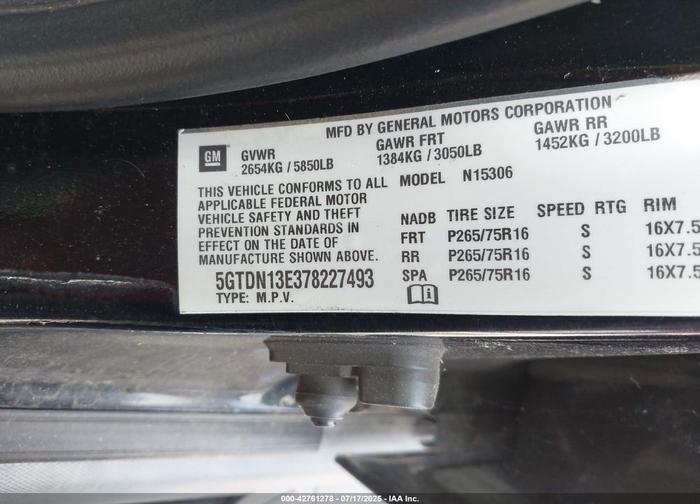 2007 HUMMER H3 VIN: 5GTDN13E378227493