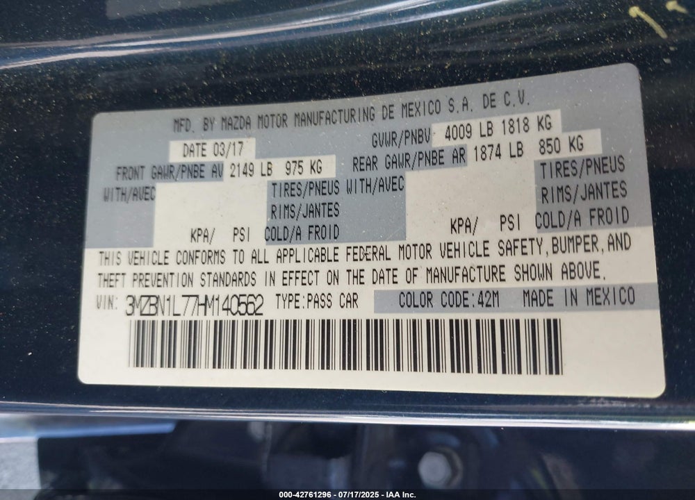 2017 MAZDA 3 VIN: 3MZBN1L77HM140562