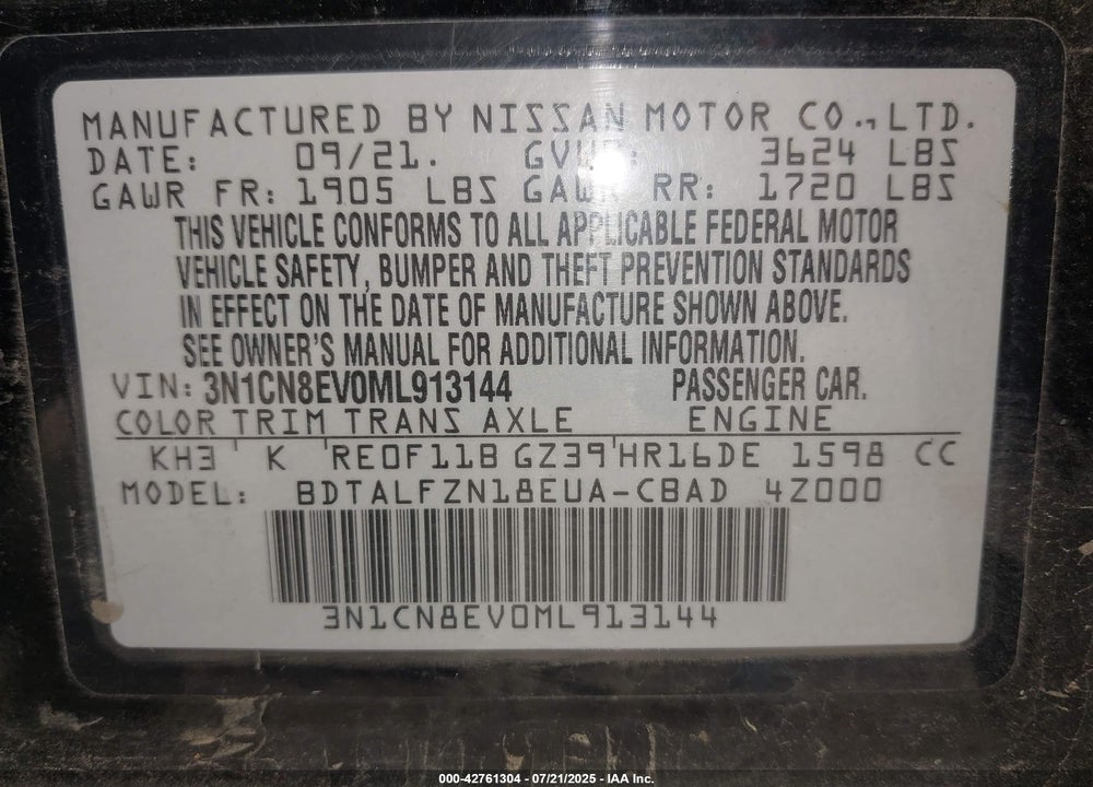 2021 NISSAN VERSA VIN: 3N1CN8EV0ML913144
