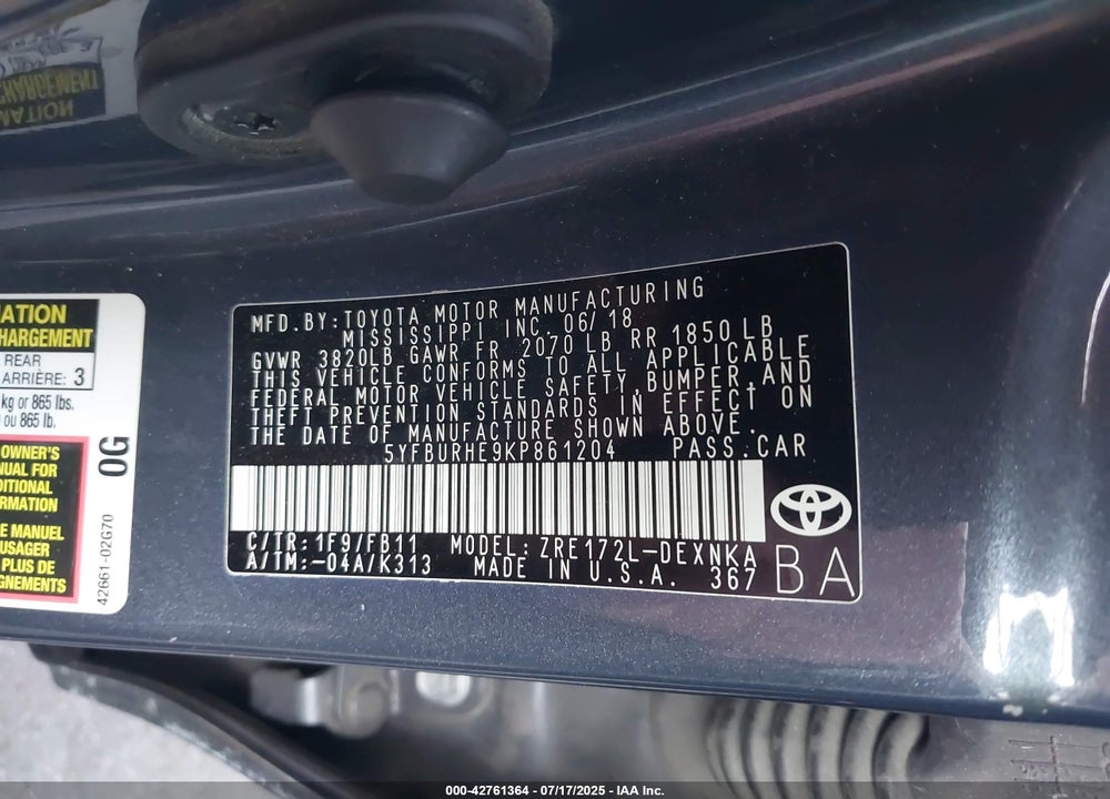 2019 TOYOTA COROLLA LE VIN: 5YFBURHE9KP861204