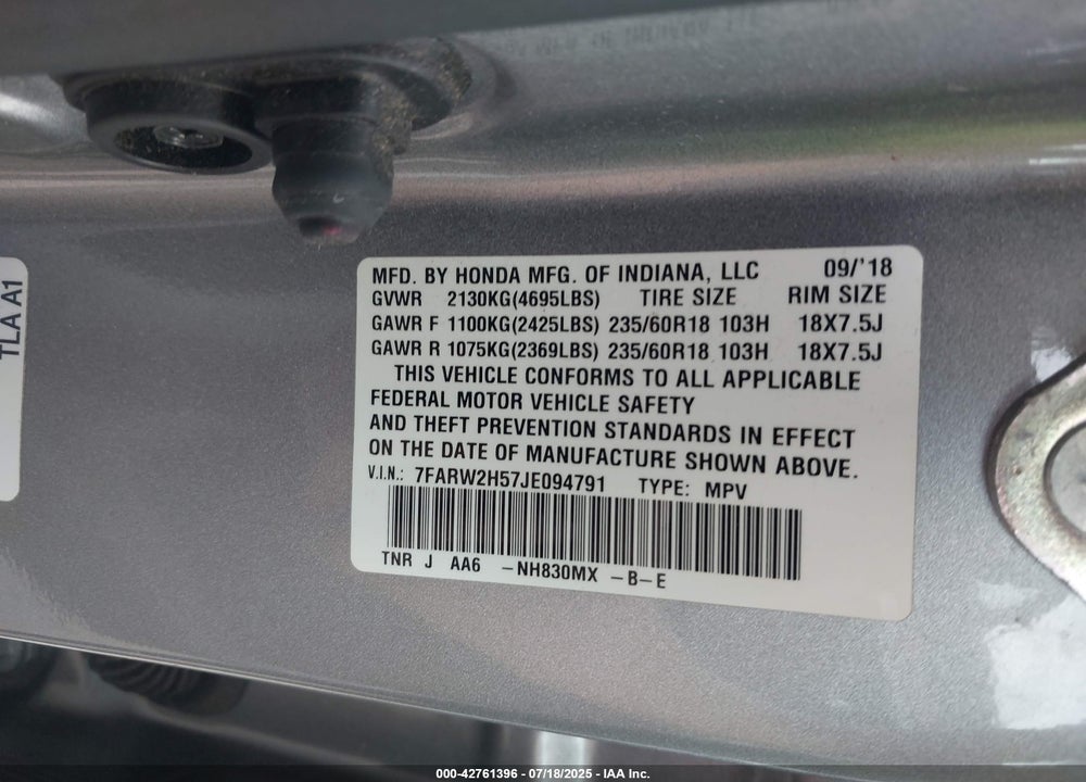 2018 HONDA CR-V VIN: 7FARW2H57JE094791