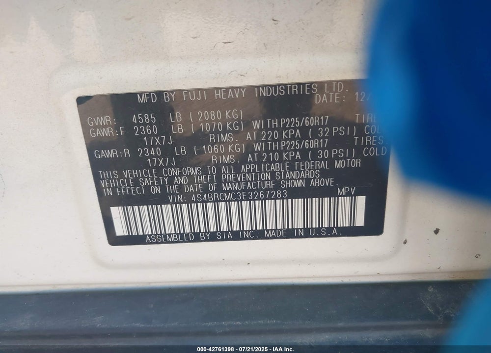 2014 SUBARU OUTBACK VIN: 4S4BRCMC3E3267283