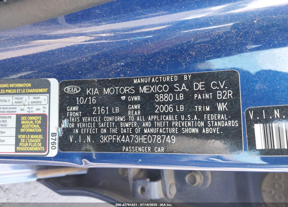 2017 KIA FORTE VIN: 3KPFK4A73HE078749