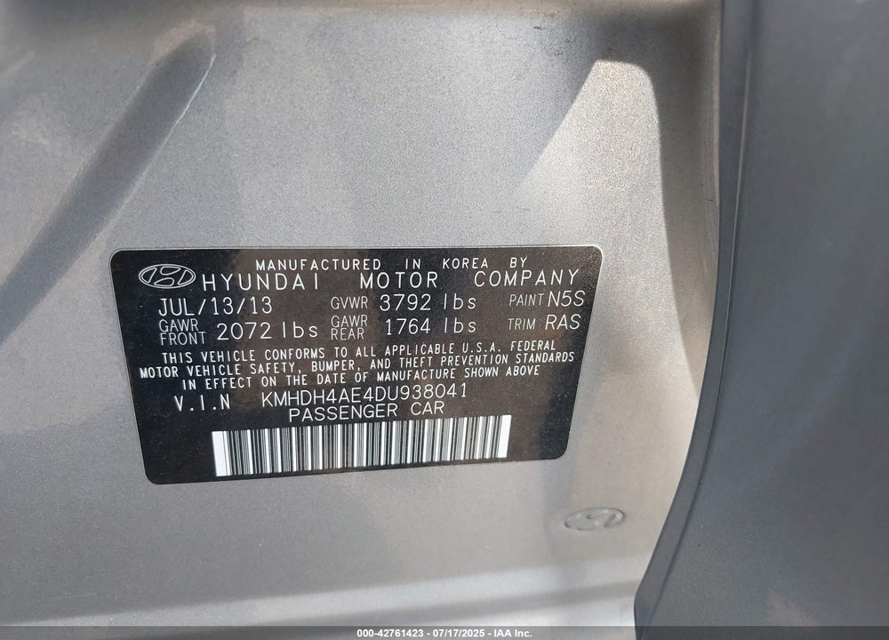 2013 HYUNDAI ELANTRA GLS VIN: KMHDH4AE4DU938041