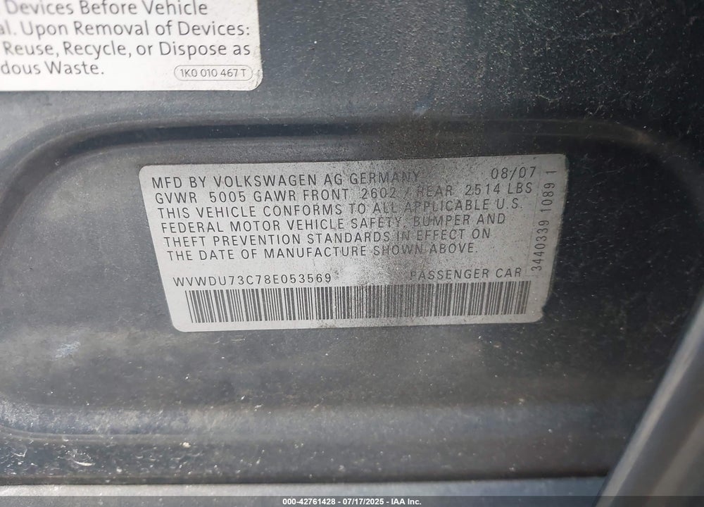 2008 VOLKSWAGEN PASSAT VIN: WVWDU73C78E053569