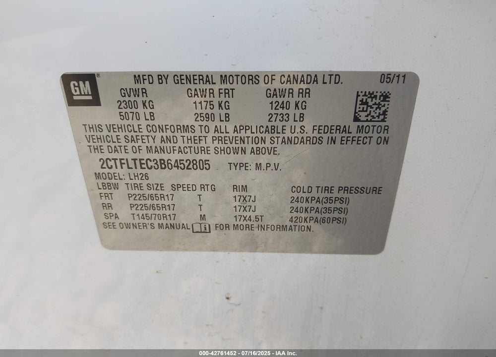 2011 GMC TERRAIN VIN: 2CTFLTEC3B6452805