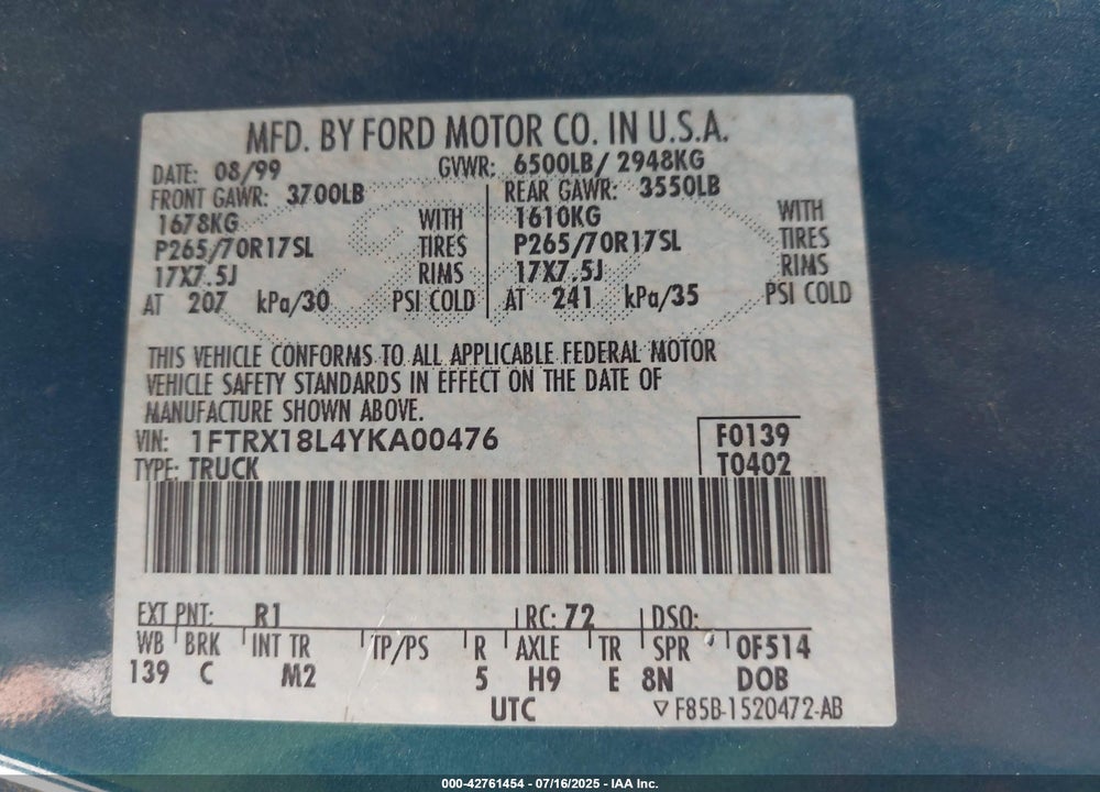 2000 FORD F-150 LARIAT/WORK SERIES/XL/XLT VIN: 1FTRX18L4YKA00476