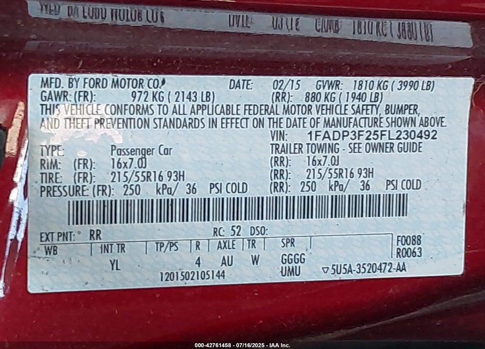 2015 FORD FOCUS VIN: 1FADP3F25FL230492