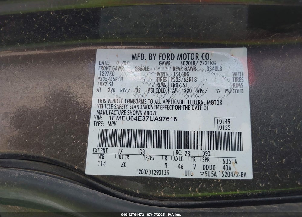 2007 FORD EXPLORER VIN: 1FMEU64E37UA97616