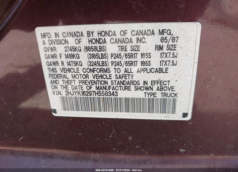 2007 HONDA RIDGELINE VIN: 2HJYK16297H550343