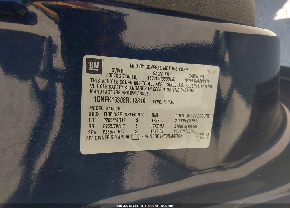 2008 CHEVROLET SUBURBAN 1500 VIN: 1GNFK16308R112310
