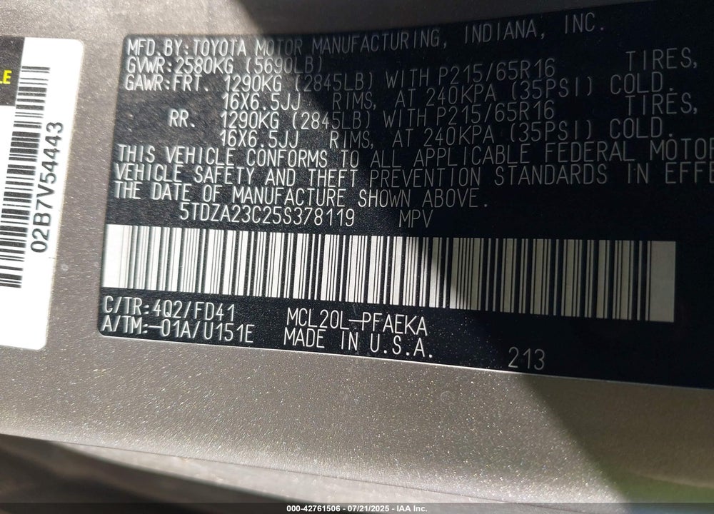 2005 TOYOTA SIENNA CE VIN: 5TDZA23C25S378119