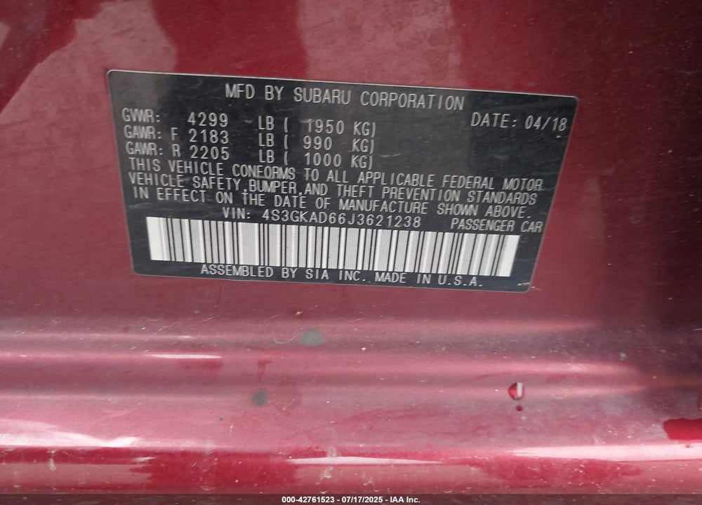 2018 SUBARU IMPREZA VIN: 4S3GKAD66J3621238